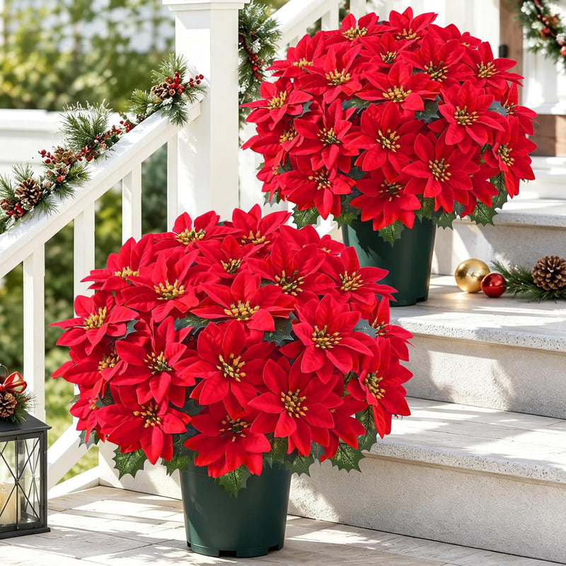 2 Potted Artificial Poinsettia Plants, UV Resistant Faux Red Poinsettias, Outdoor Fake Poinsettia for Garden, Porch, Patio & Home Christmas Decor