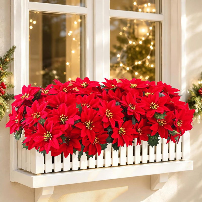 2 Potted Artificial Poinsettia Plants, UV Resistant Faux Red Poinsettias, Outdoor Fake Poinsettia for Garden, Porch, Patio & Home Christmas Decor