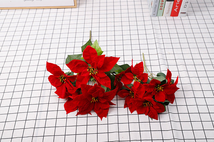 Lot de 5 tiges de poinsettia artificielles en velours de Noël, arbustes, fleurs en soie, vente en gros