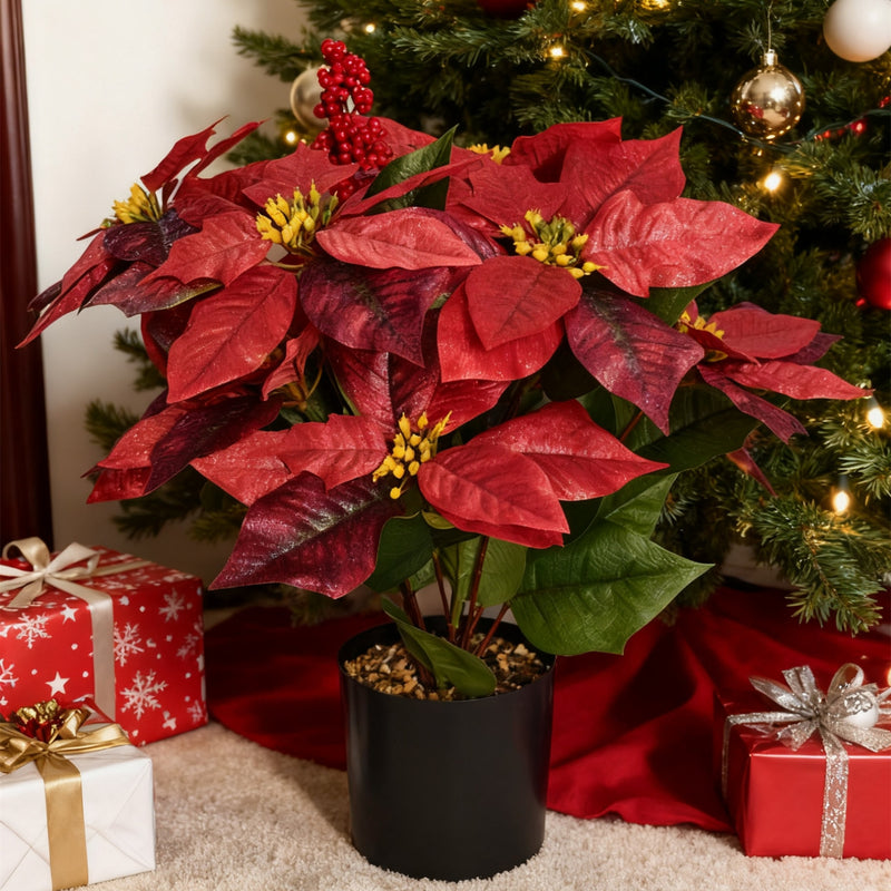 Bulk 18 Inch Artificial Poinsettia Plant with Red Berries - Potted for Christmas Home Porch Garden Decor Wholesale