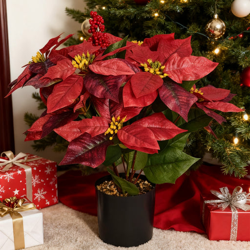 artificial poinsettia potted plants Bulk 18 Inch Artificial Poinsettia Plant with Red Berries