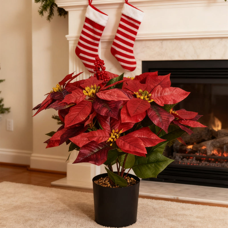 Bulk 18 Inch Artificial Poinsettia Plant with Red Berries - Potted for Christmas Home Porch Garden Decor Wholesale