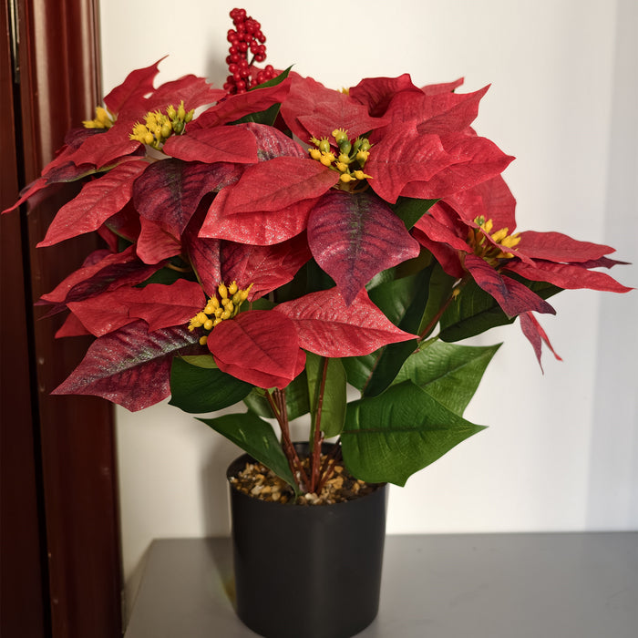 Bulk 18 Inch Artificial Poinsettia Plant with Red Berries - Potted for Christmas Home Porch Garden Decor Wholesale