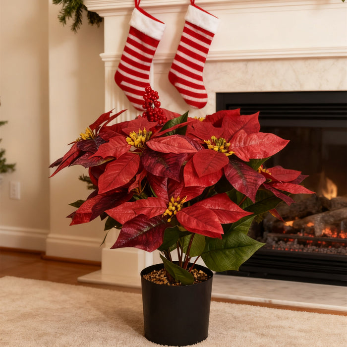 Bulk 18 Inch Artificial Poinsettia Plant with Red Berries - Potted for Christmas Home Porch Garden Decor Wholesale