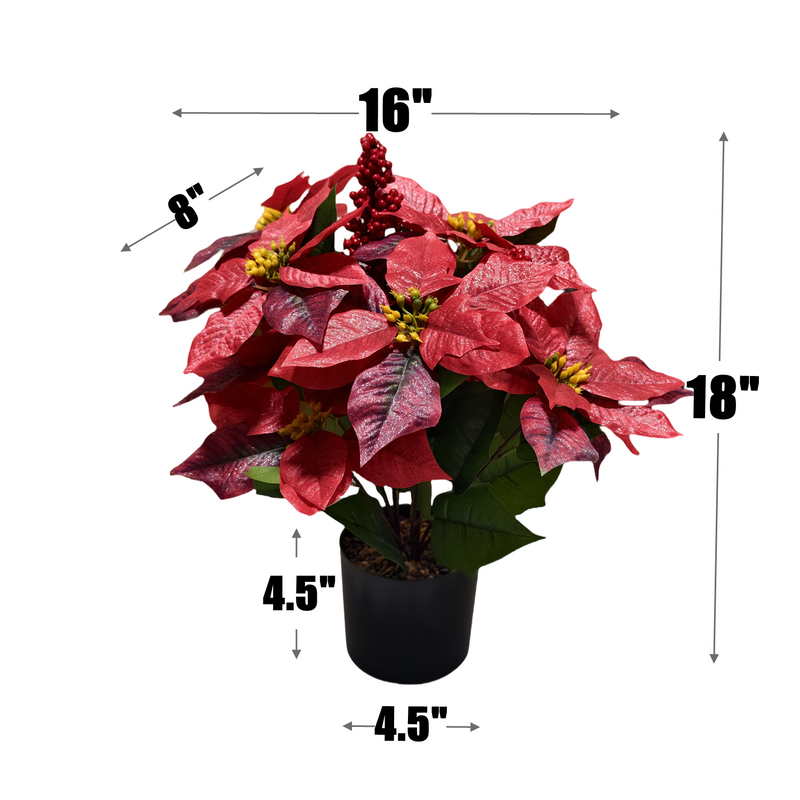 Bulk 18 Inch Artificial Poinsettia Plant with Red Berries - Potted for Christmas Home Porch Garden Decor Wholesale