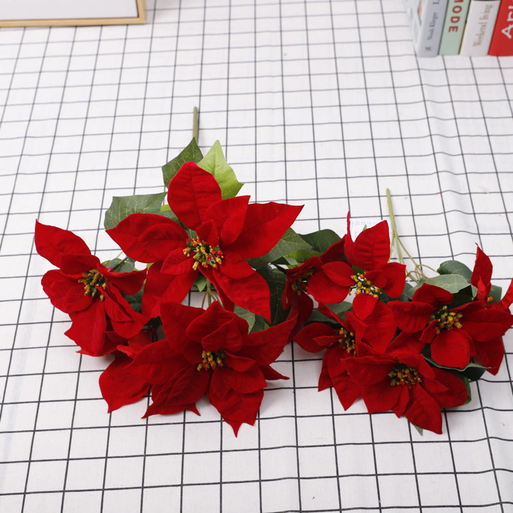 Lot de 5 tiges de poinsettia artificielles en velours de Noël, arbustes, fleurs en soie, vente en gros