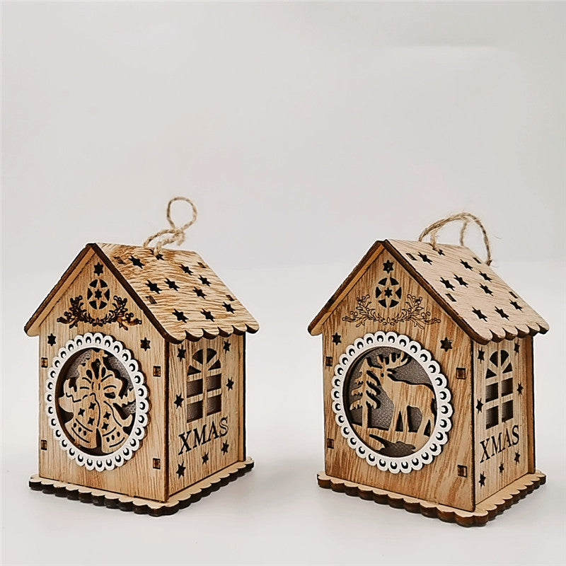 Bulk Christmas Ornaments Glowing Cabins with Hollow-Carved Santa Claus Snowman Elk Bell Xmas Scene Decorations for Tabletop Wholesale