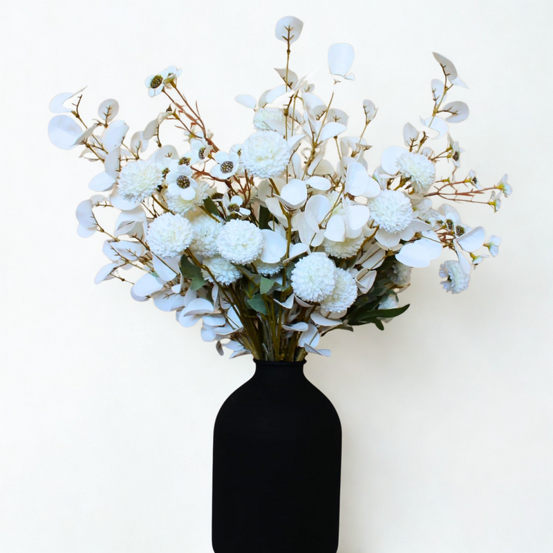 10 Stems Realistic Artificial Silk Mums - Neutral Beige & Eucalyptus Floral Set for Vase Arrangements (Soft Texture, Great Value）