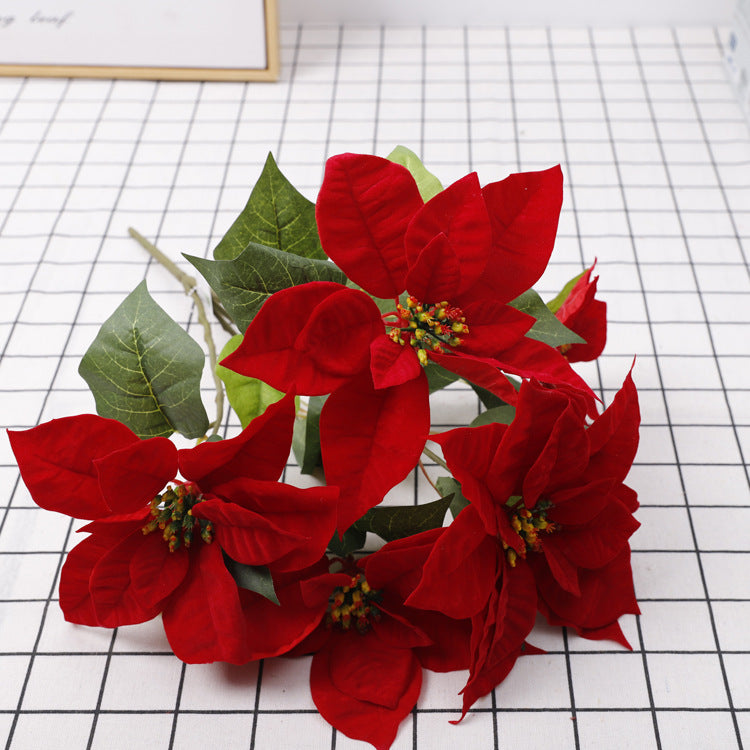 Lot de 5 tiges de poinsettia artificielles en velours de Noël, arbustes, fleurs en soie, vente en gros