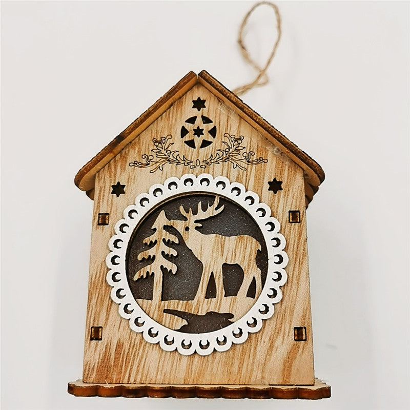 Bulk Christmas Ornaments Glowing Cabins with Hollow-Carved Santa Claus Snowman Elk Bell Xmas Scene Decorations for Tabletop Wholesale