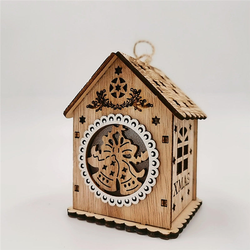 Bulk Christmas Ornaments Glowing Cabins with Hollow-Carved Santa Claus Snowman Elk Bell Xmas Scene Decorations for Tabletop Wholesale