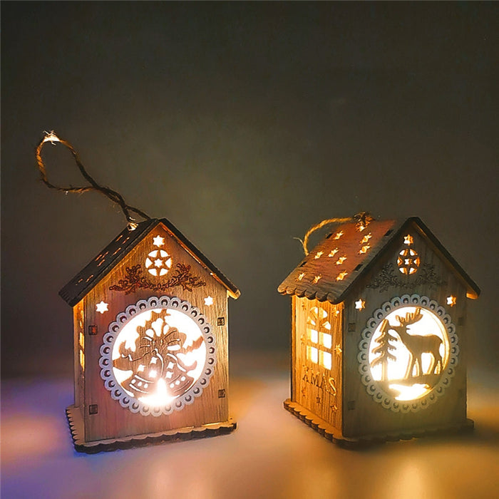 Bulk Christmas Ornaments Glowing Cabins with Hollow-Carved Santa Claus Snowman Elk Bell Xmas Scene Decorations for Tabletop Wholesale