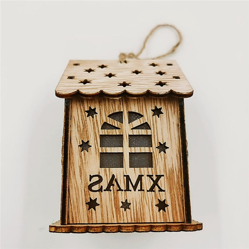 Bulk Christmas Ornaments Glowing Cabins with Hollow-Carved Santa Claus Snowman Elk Bell Xmas Scene Decorations for Tabletop Wholesale