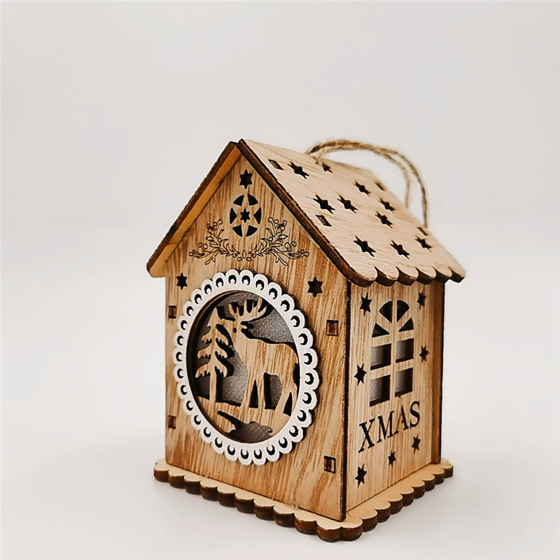 Bulk Christmas Ornaments Glowing Cabins with Hollow-Carved Santa Claus Snowman Elk Bell Xmas Scene Decorations for Tabletop Wholesale