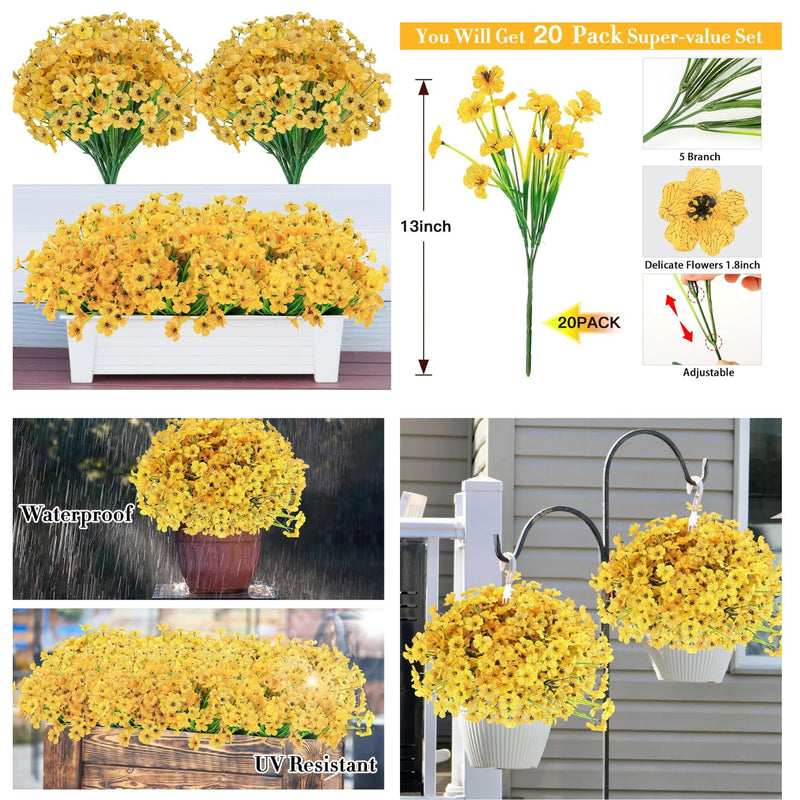 20 Bundles Vibrant Artificial Daisy Garland - UV Resistant Outdoor Hanging Flowers with Eucalyptus for Porch & Garden Decor (Lifelike Movement, Premium Silk Blend)