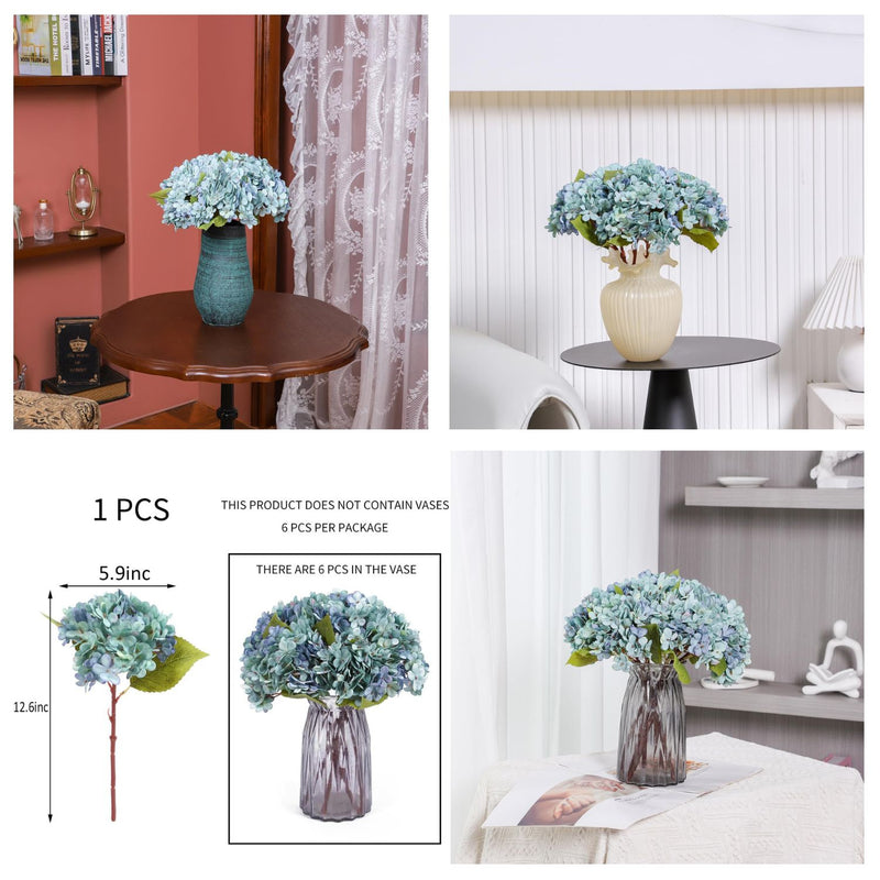 6Pcs Autumn Hydrangea Silk Flowers - Realistic Artificial Blooms for Wedding & Farmhouse Decor (12.6" Stems, 5.9" Heads, Easy to Fluff)