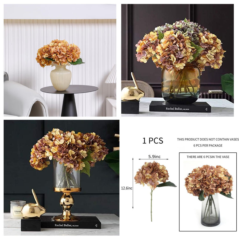 6Pcs Autumn Hydrangea Silk Flowers - Realistic Artificial Blooms for Wedding & Farmhouse Decor (12.6" Stems, 5.9" Heads, Easy to Fluff)