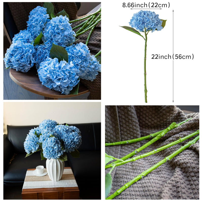 3PCS 22" Realistic Artificial Hydrangeas - Large Silk Flowers with Vivid Dark Blue & Green Colors for Wedding & Home Decor (Luxe Soft Petals, Sturdy Stems)