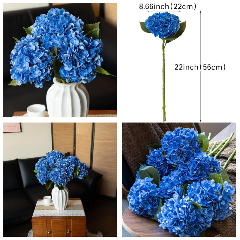 3PCS 22" Realistic Artificial Hydrangeas - Large Silk Flowers with Vivid Dark Blue & Green Colors for Wedding & Home Decor (Luxe Soft Petals, Sturdy Stems)