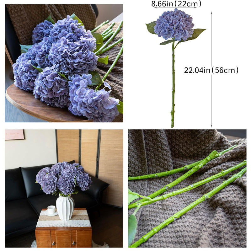 3PCS 22" Realistic Artificial Hydrangeas - Large Silk Flowers with Vivid Dark Blue & Green Colors for Wedding & Home Decor (Luxe Soft Petals, Sturdy Stems)
