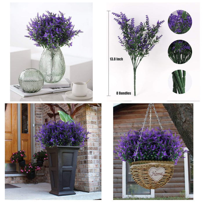 8 Bundles Premium Artificial Lavender - UV-Resistant Silk Shrubs for Outdoor Fences & Wedding Decor (Vibrant Purple Hues, Flexible Stems, Fade-Resistant Design)