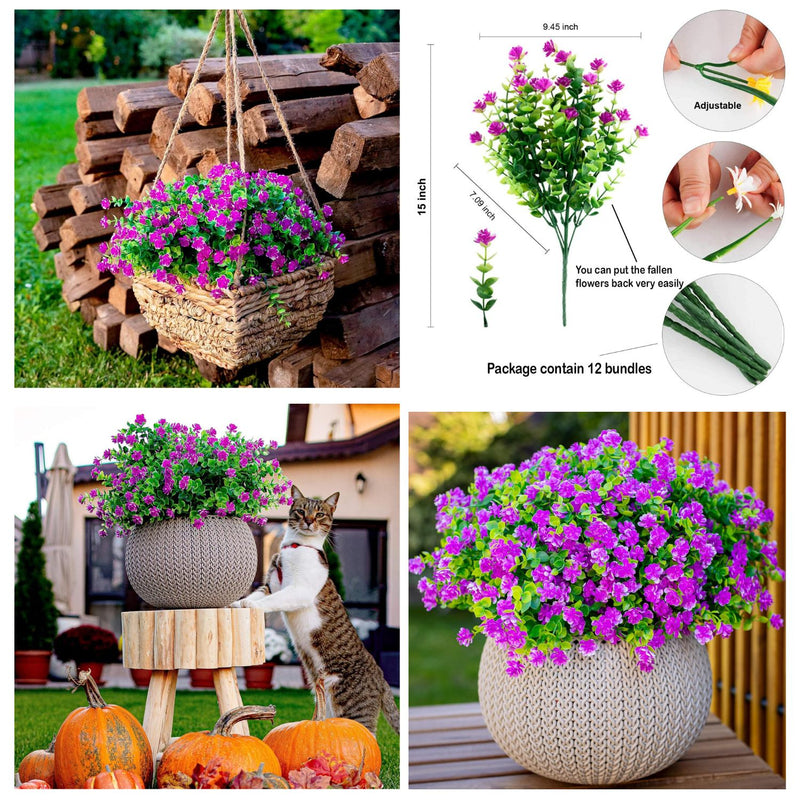 12 PCS Realistic Artificial Flowers - UV Resistant Outdoor/Indoor Plants for Pots & Planters (Lifelike Greenery, Desert Sun Tested）