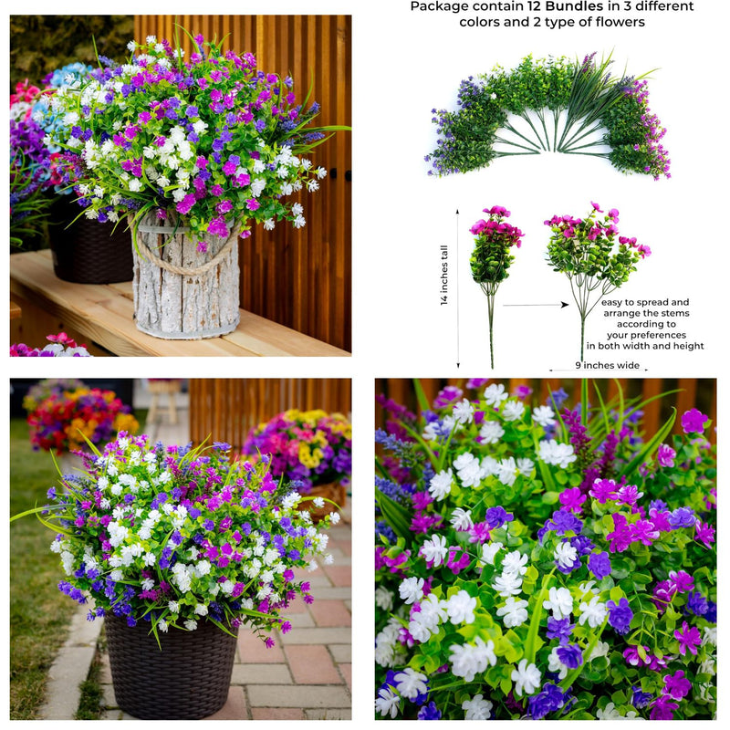 12 PCS Realistic Artificial Flowers - UV Resistant Outdoor/Indoor Plants for Pots & Planters (Lifelike Greenery, Desert Sun Tested）