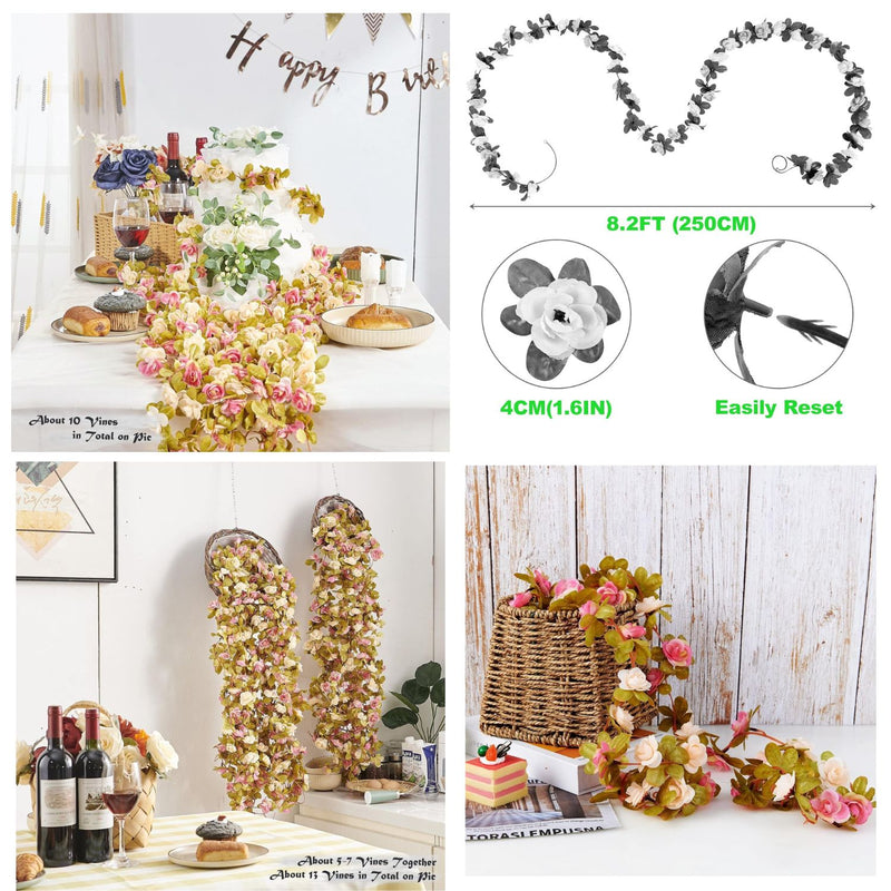 8PCS 66FT Premium Rose Vine Garland - Pink Floral Hanging Decor for Weddings & Events (Lush Green Leaves, Flexible Stems, Easy Installation)