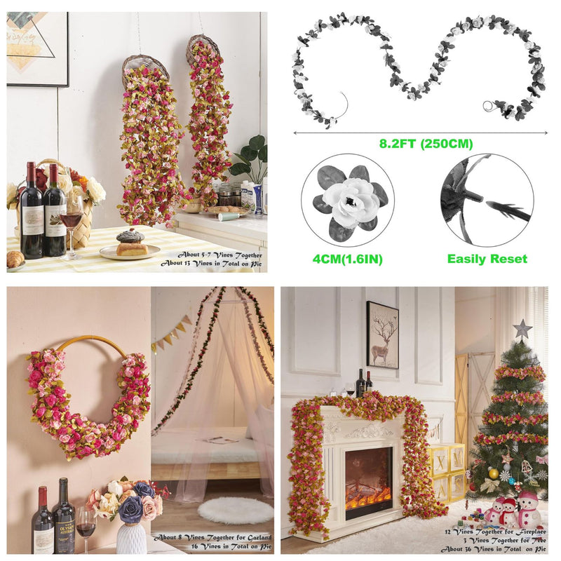8PCS 66FT Premium Rose Vine Garland - Pink Floral Hanging Decor for Weddings & Events (Lush Green Leaves, Flexible Stems, Easy Installation)