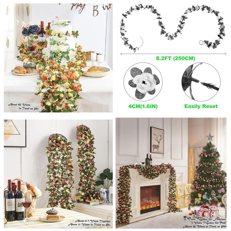 8PCS 66FT Premium Rose Vine Garland - Pink Floral Hanging Decor for Weddings & Events (Lush Green Leaves, Flexible Stems, Easy Installation)