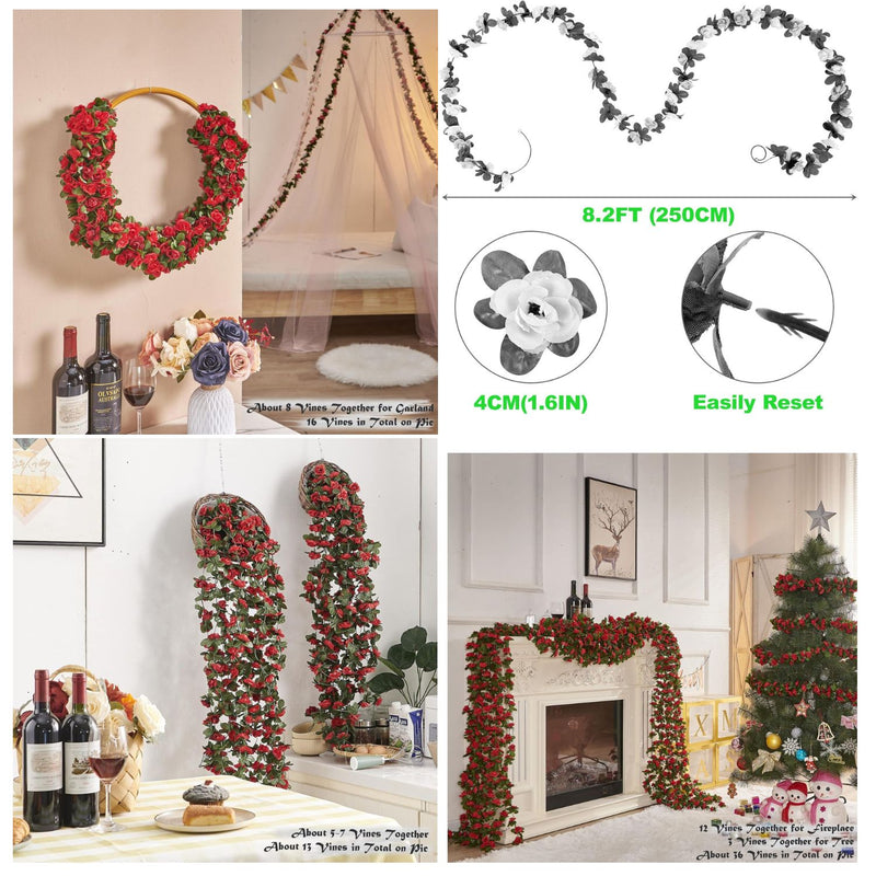 8PCS 66FT Premium Rose Vine Garland - Pink Floral Hanging Decor for Weddings & Events (Lush Green Leaves, Flexible Stems, Easy Installation)
