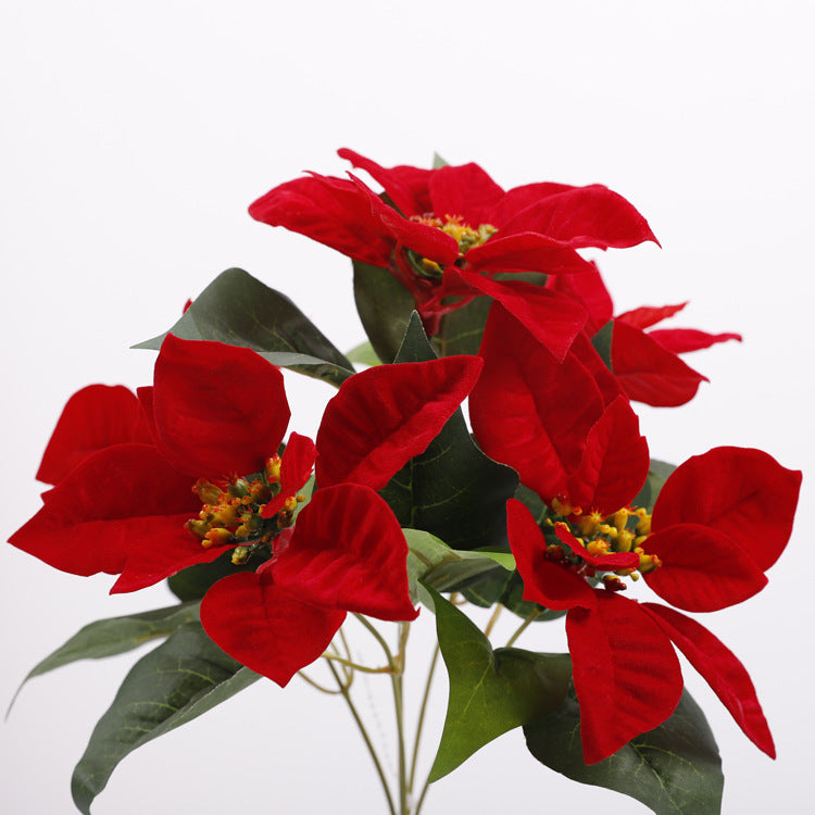 Lot de 5 tiges de poinsettia artificielles en velours de Noël, arbustes, fleurs en soie, vente en gros