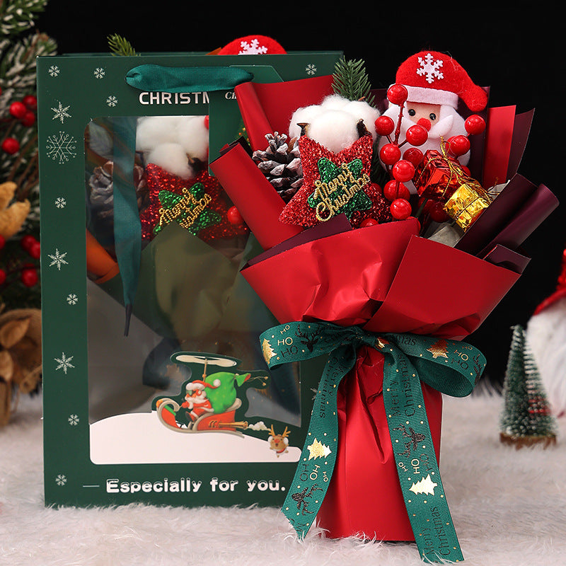 Bouquet de fleurs artificielles de Noël en vrac de 11 pouces avec poupée de Père Noël à baies rouges et étoile scintillante pour cadeaux de petite amie en gros