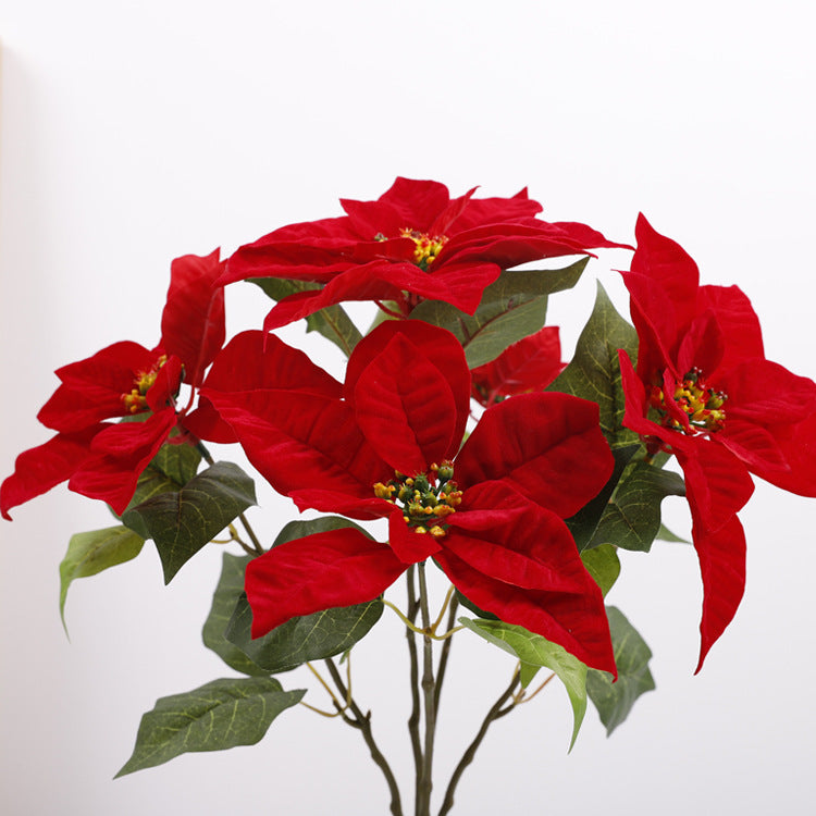 Lot de 5 tiges de poinsettia artificielles en velours de Noël, arbustes, fleurs en soie, vente en gros