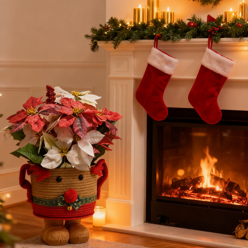 Bulk 24" Silk Poinsettia Berries Arrangement – Rattan Standing Deer Planter Christmas Home Decor Wholesale