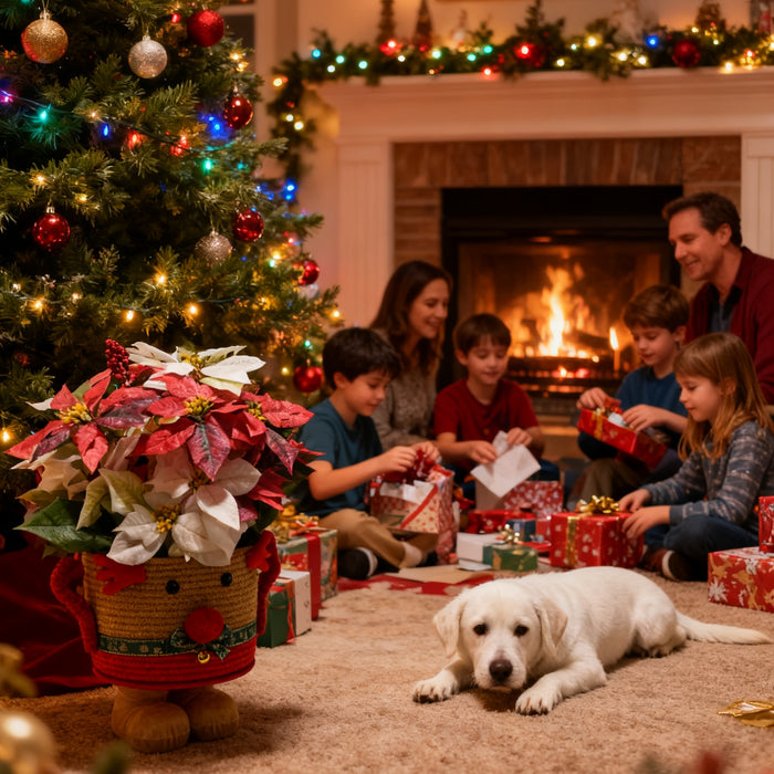 Bulk 24" Silk Poinsettia Berries Arrangement – Rattan Standing Deer Planter Christmas Home Decor Wholesale