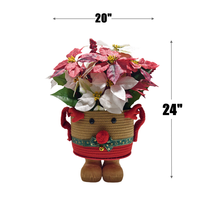 Bulk 24" Silk Poinsettia Berries Arrangement – Rattan Standing Deer Planter Christmas Home Decor Wholesale