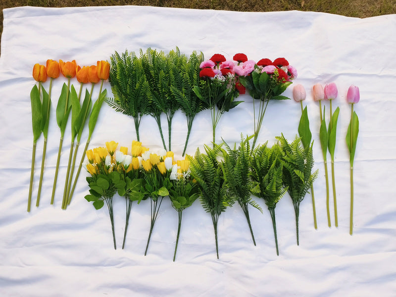 Bulk 24pcs Fuax Outdoor Flowers Tulips Carnations with Plants UV Resistant Wholesale