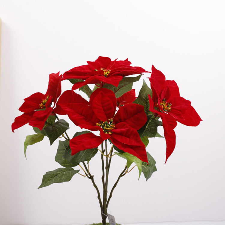 Lot de 5 tiges de poinsettia artificielles en velours de Noël, arbustes, fleurs en soie, vente en gros