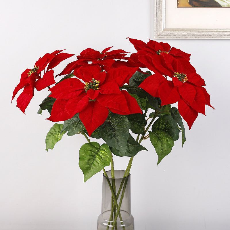 Lot de 5 tiges de poinsettia artificielles en velours de Noël, arbustes, fleurs en soie, vente en gros