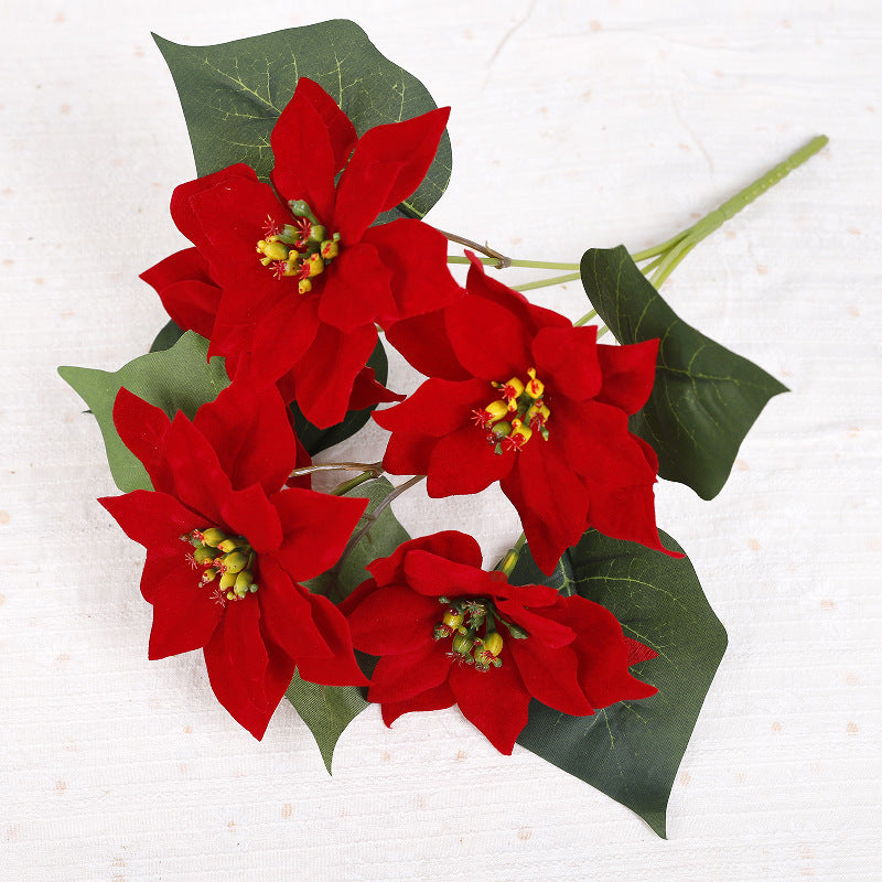 Lot de 5 tiges de poinsettia artificielles en velours de Noël, arbustes, fleurs en soie, vente en gros