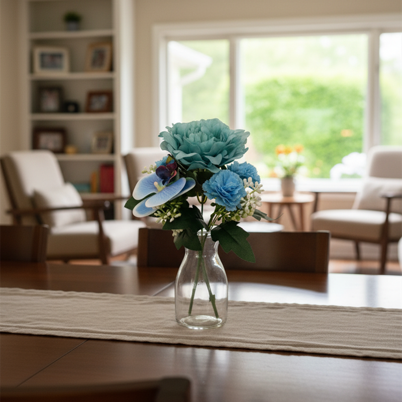 Bulk 11" Artificial Blue Mixed-Flower Bush Bouquet with Peony Phalaenopsis and Carnations Wholesale