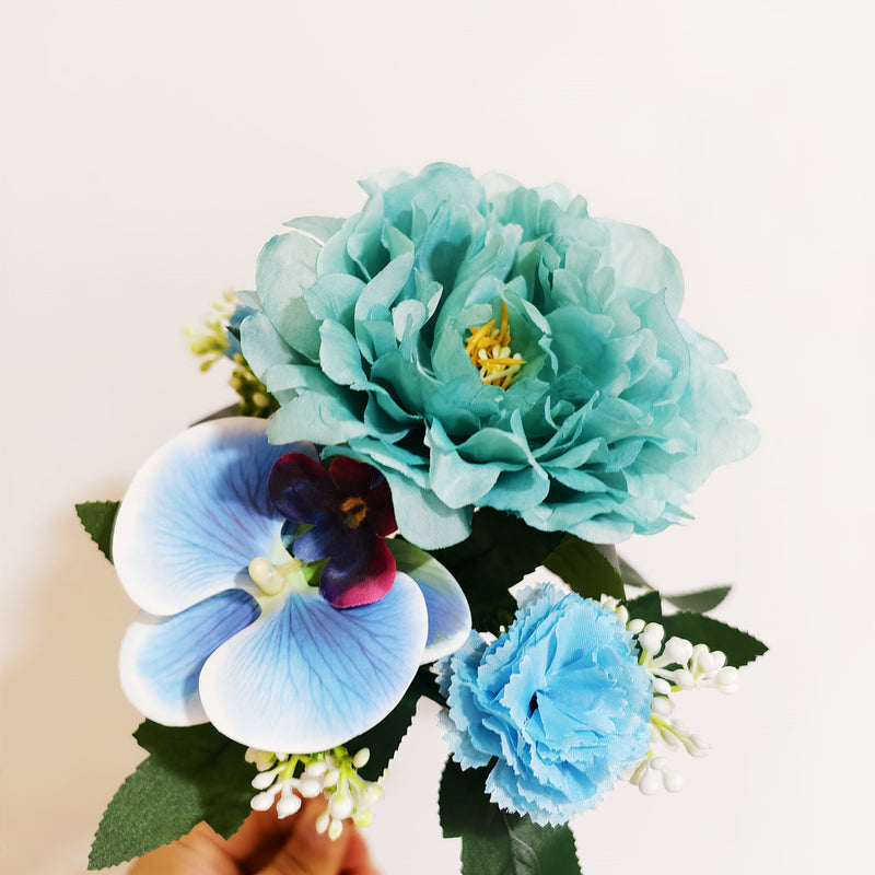 Bulk 11" Artificial Blue Mixed-Flower Bush Bouquet with Peony Phalaenopsis and Carnations Wholesale