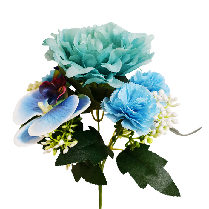 Bulk 11" Artificial Blue Mixed-Flower Bush Bouquet with Peony Phalaenopsis and Carnations Wholesale