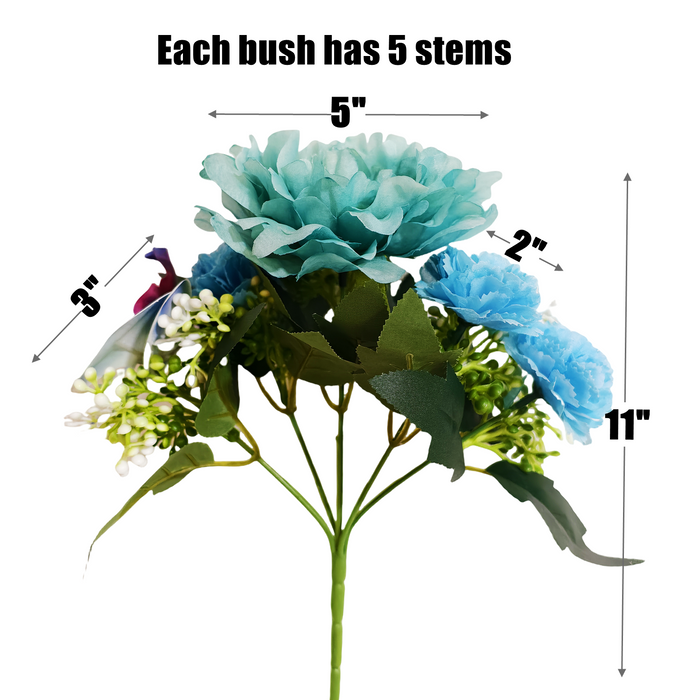 Bulk 11" Artificial Blue Mixed-Flower Bush Bouquet with Peony Phalaenopsis and Carnations Wholesale