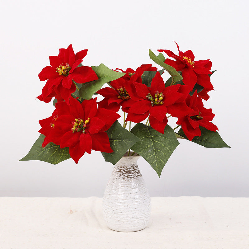 Lot de 5 tiges de poinsettia artificielles en velours de Noël, arbustes, fleurs en soie, vente en gros