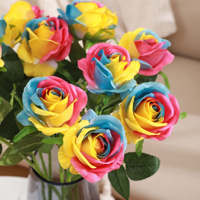 Venta al por mayor de flores de arcoíris artificiales de seda de tacto Real con tallo de rosa arcoíris de 19 "a granel