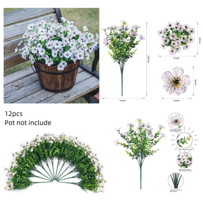 12 Bundles Real-Looking Artificial Daisy Flowers with Eucalyptus Leaves – Vibrant, Weather-Resistant, Easy to Arrange – Perfect for Outdoor & Indoor Decor