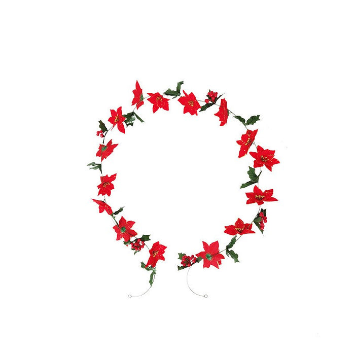 Bulk 2pcs 8.2 Feet Poinsettia Garland with Red Berries Holly Leaves Xmas Flowers Garland Decoration for Dining Room Fireplace Door Railing Staircase Wholesale
