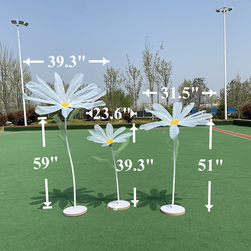 Bulk 3-Piece Set Extra-Large Tulle Daisy Flower Stems with Bases - Wedding & Party Background Decorations